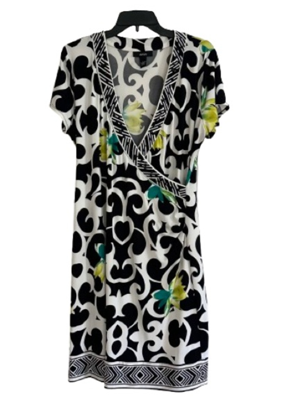 Alfani Black White Yellow Scroll Floral Print Cap Sleeve Faux Wrap Dress Large